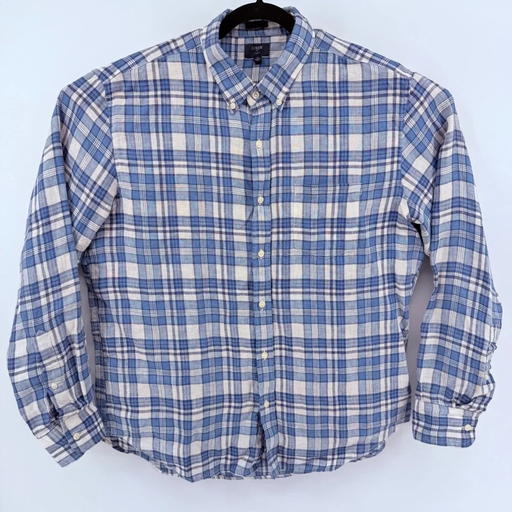 J Crew Slim Fit Blue Plaid Linen Button Down Shirt XL F0850